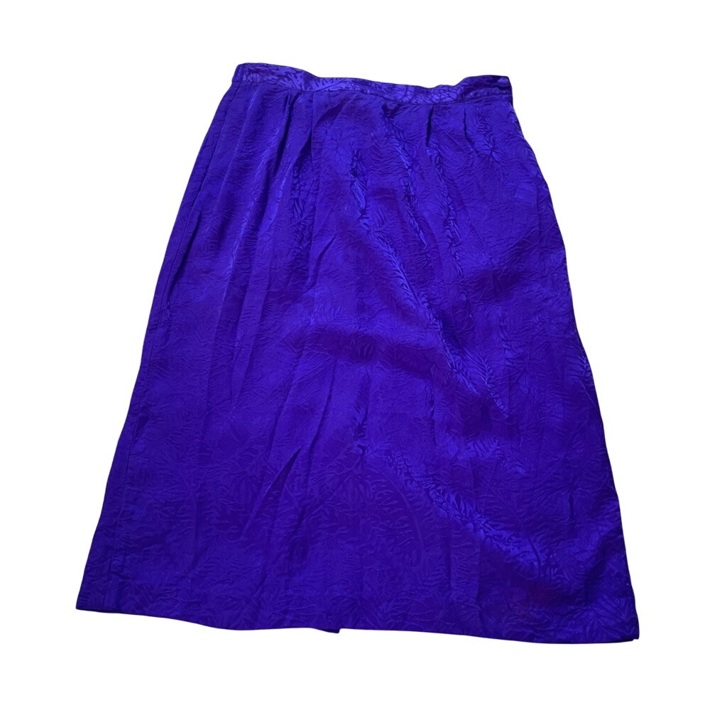 Argenti Vintage Purple 100% Silk Leaf Jacquard Midi Skirt Pockets Size 10